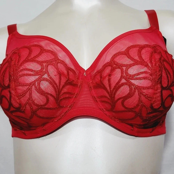 42DDD Paramour 115088 Lotus Embroidered Unlined Underwire Bra Tango Red NWT - Picture 2 of 8
